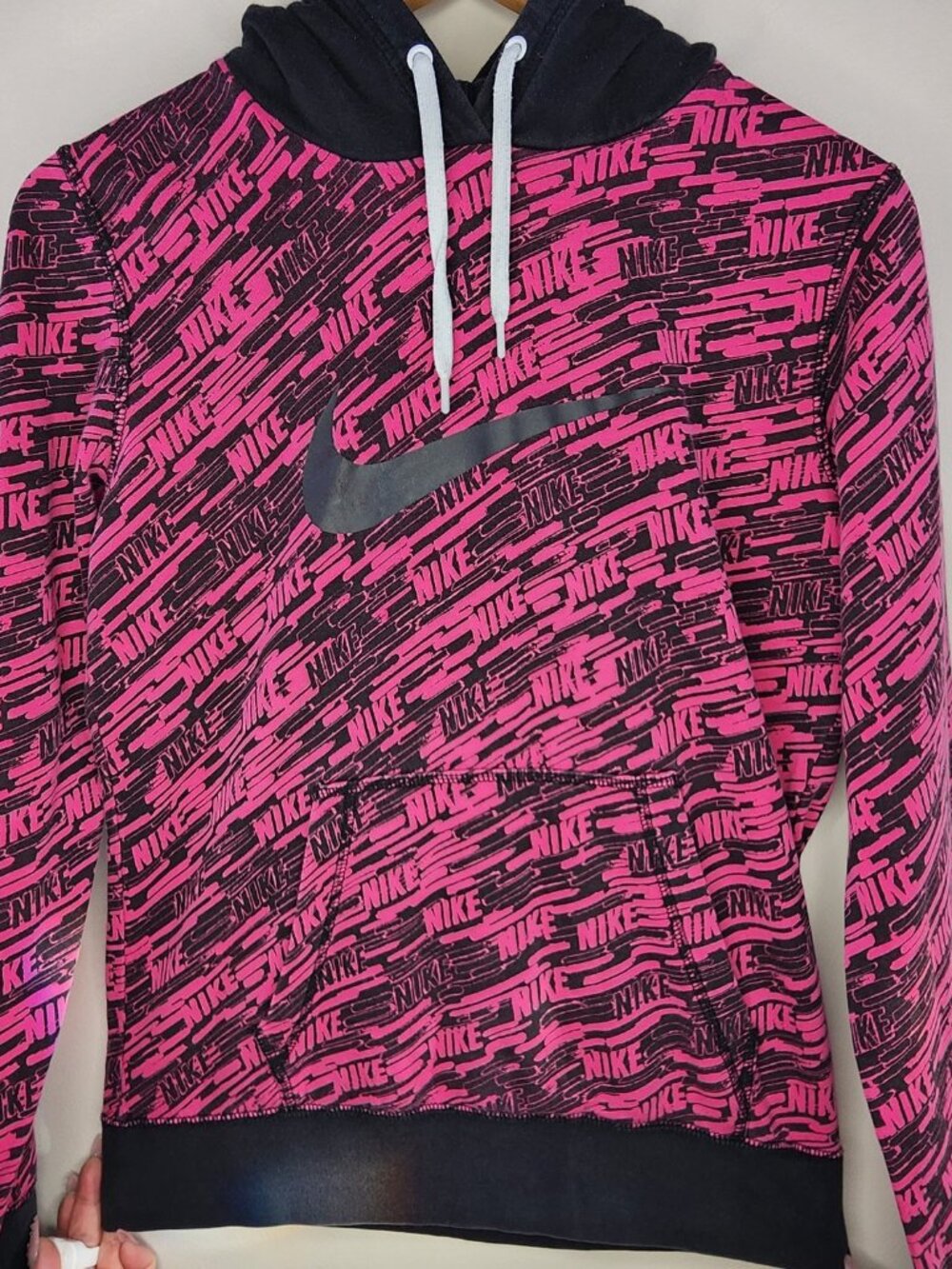 Nike All-Over Logo Print Pullover Hoodie — Pink/Black, Size M | Athleisure